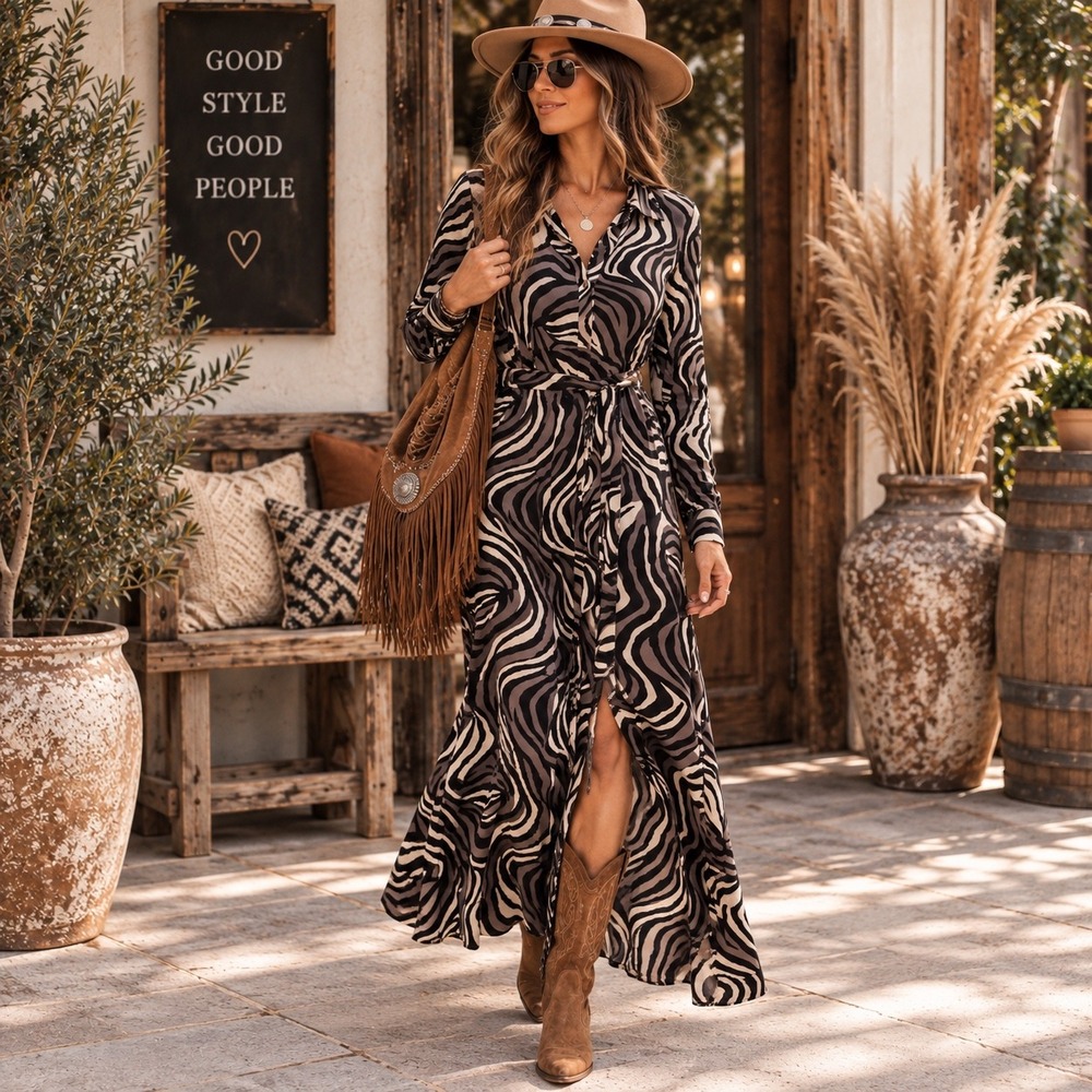284.New Attitudes by Renee Womens Zebra Swirl Print Button Front Maxi Dress Smal